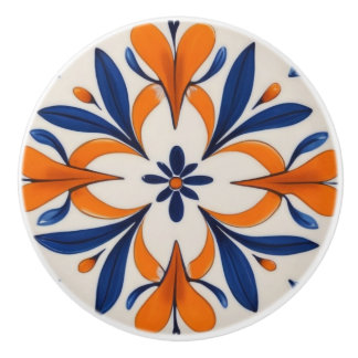 Orange & Blue Symmetrical Abstract Mediterranean Ceramic Knob