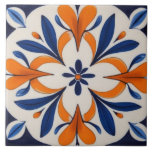 Orange & Blue Symmetrical Abstract Mediterranean Ceramic Tile<br><div class="desc">"symmetrical abstract symmetry",  "orange yellow dark blue",  "navy white golden gold",  "vintage antique quatrefoil flower",  "traditional classic authentic ceramic",  "botanical painted tile painting",  "floral leafy leaves mandala",  "rustic hearts mexican talavera" "spanish portuguese mediterranean",  "geometric flowers leaf pattern"</div>