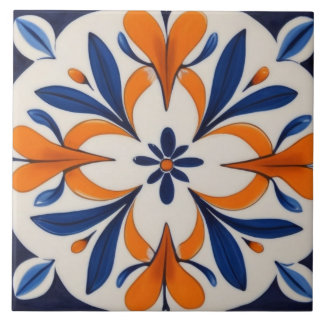 Orange & Blue Symmetrical Abstract Mediterranean Ceramic Tile