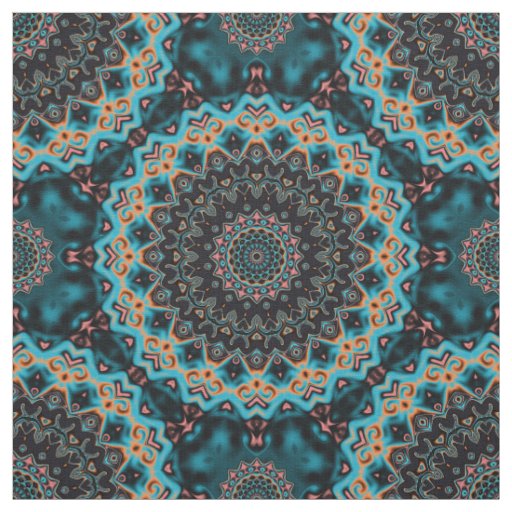 Orange Blue Teal Black Mandala Boho Pattern Fabric