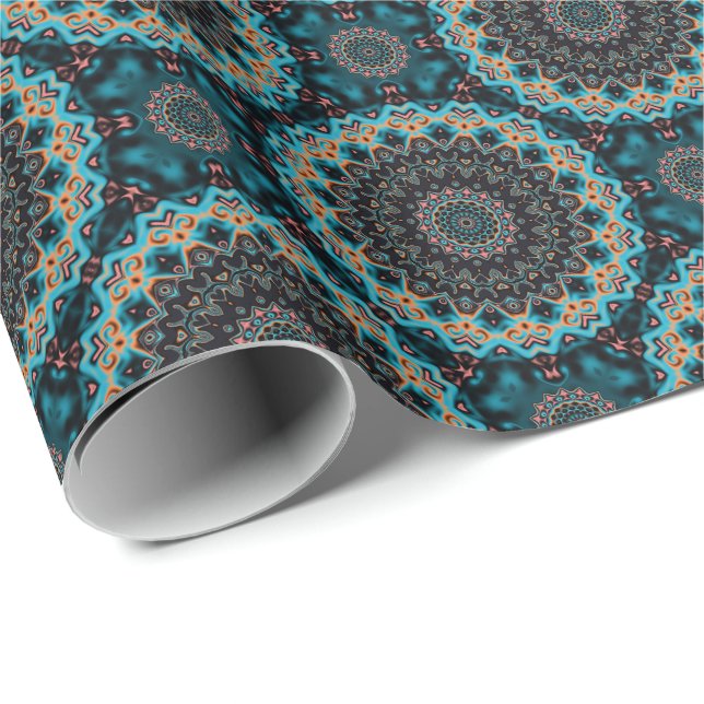Orange Blue Teal Black Mandala Boho Pattern  Wrapping Paper (Roll Corner)