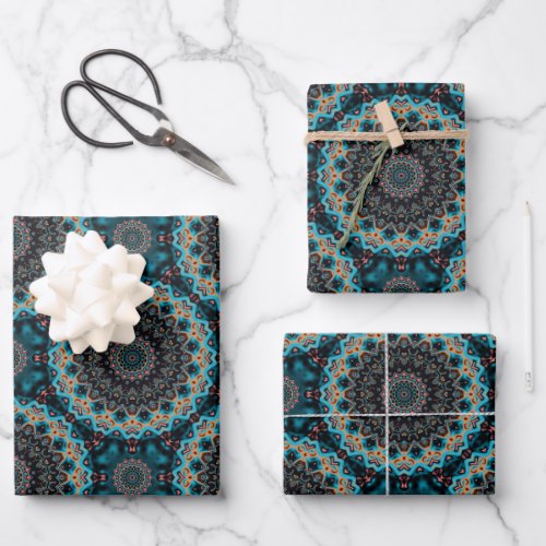 Orange Blue Teal Black Mandala Boho Pattern Wrapping Paper Sheets