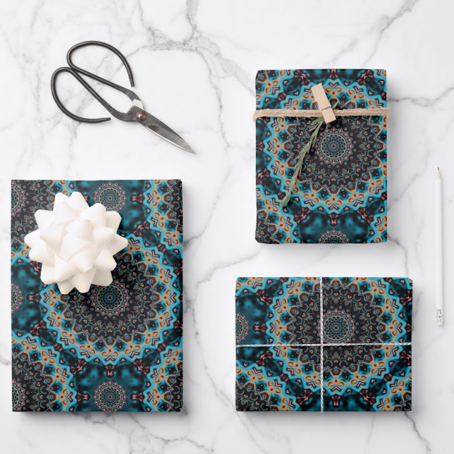 Orange Blue Teal Black Mandala Boho Pattern Wrapping Paper Sheets (Front)
