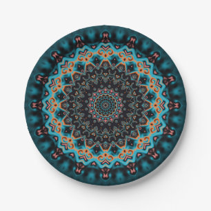 Orange Blue Teal Black Mandala  Paper Plates