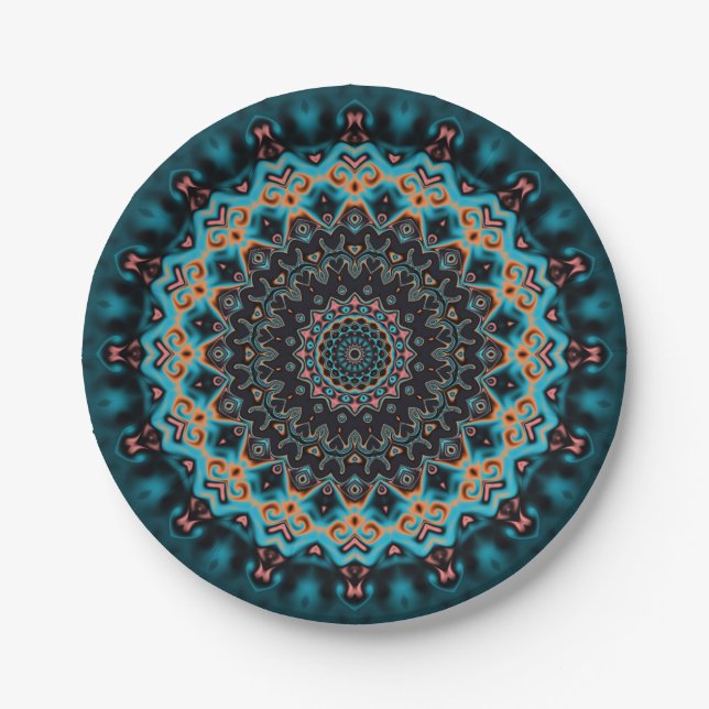 Orange Blue Teal Black Mandala  Paper Plates (Front)
