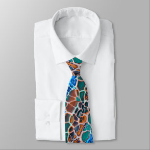 Orange Blue Teal Mosaic Stained Glass Abstraction Neck Tie