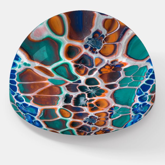 Orange Blue Teal Stained Glass Abstraction Pattern Paperweight (Angled)