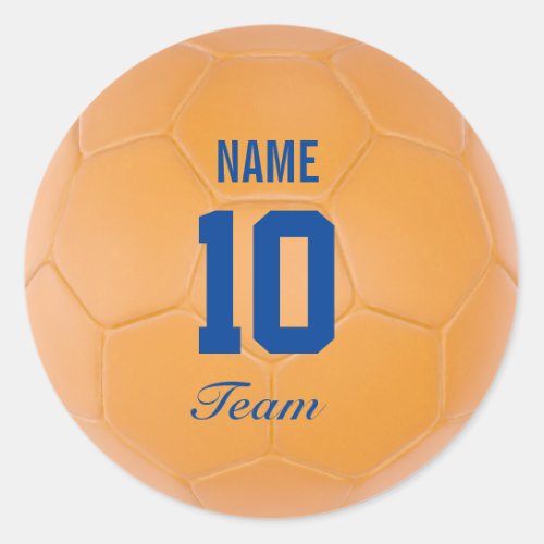 Orange Blue Team Soccer Ball Personalized Name Classic Round Sticker