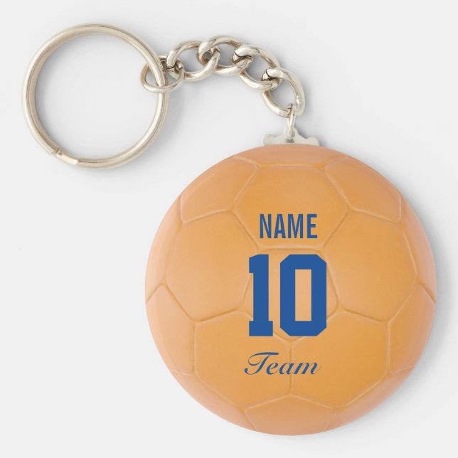 Orange Blue Team Soccer Ball Personalized Name Keychain (Front)