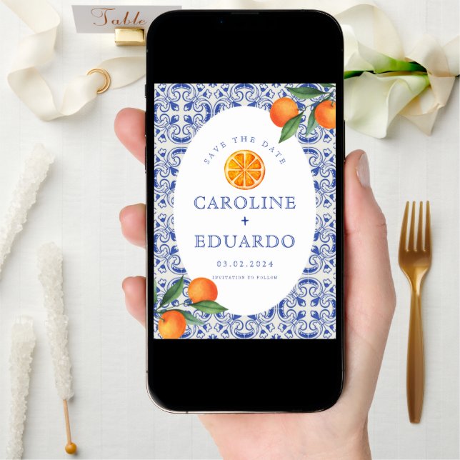 Orange Blue tile Mediterranean Wedding QR Code Save The Date (Front Digital)