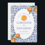 Orange Blue tile Mediterranean Wedding QR Code Save The Date<br><div class="desc">Watercolor Orange Citrus Italian Blue Tile Mediterranean</div>