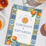 Orange Blue tile Mediterranean Wedding QR Code Save The Date<br><div class="desc">Watercolor Orange Citrus Italian Blue Tile Mediterranean</div>