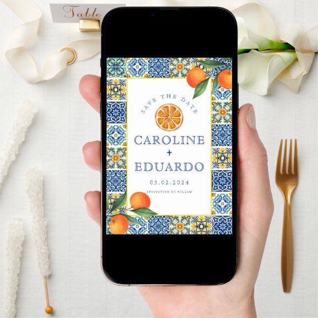 Orange Blue tile Mediterranean Wedding QR Code Save The Date (Front Digital)