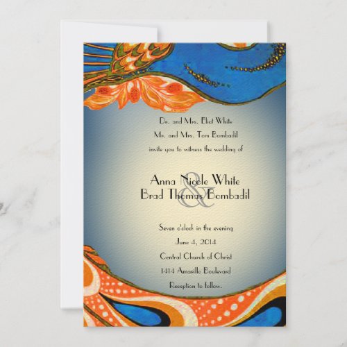 Orange Blue Vintage Peacock Wedding Invitation