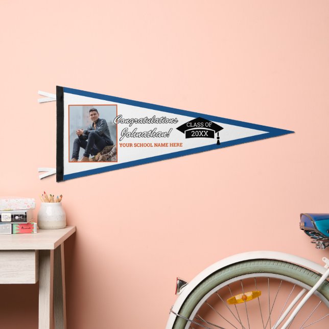 Orange Blue White Black Congratulations Grad Pennant Flag (Front)