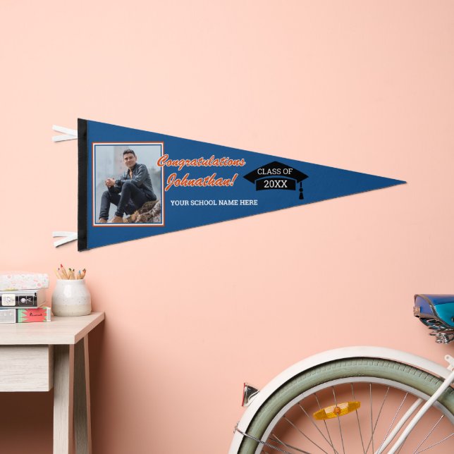 Orange Blue White Black Congratulations Grad Pennant Flag (Front)