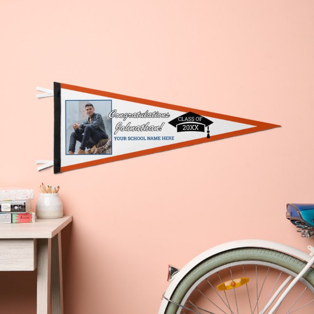 Orange Blue White Black Congratulations Grad Pennant Flag (Front)