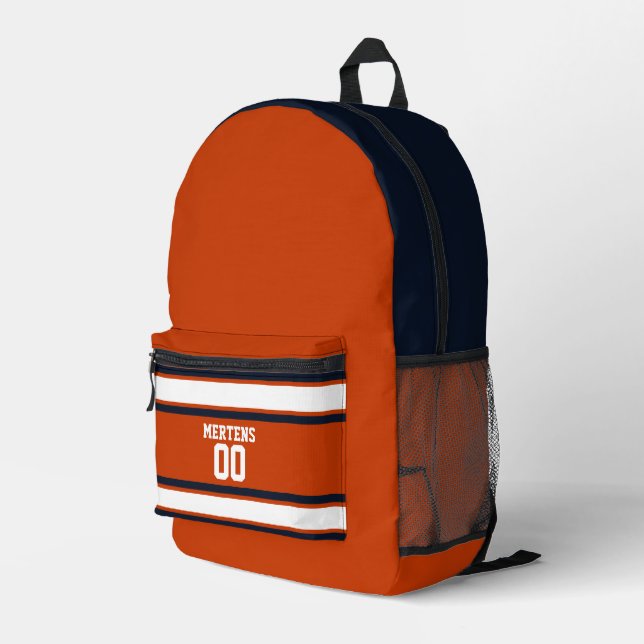 Orange Blue White Sports Striped Jersey Team Name Printed Backpack (Back Corner Right)