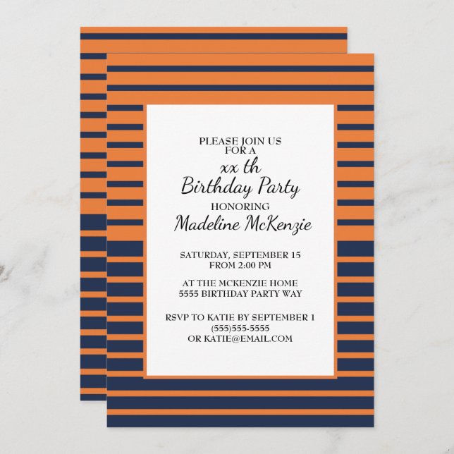 Orange Blue White Striped Birthday Party Invite (Front/Back)