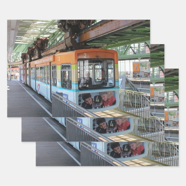 Orange Blue Wuppertal Floating Train Wrapping Paper Sheets (Set)