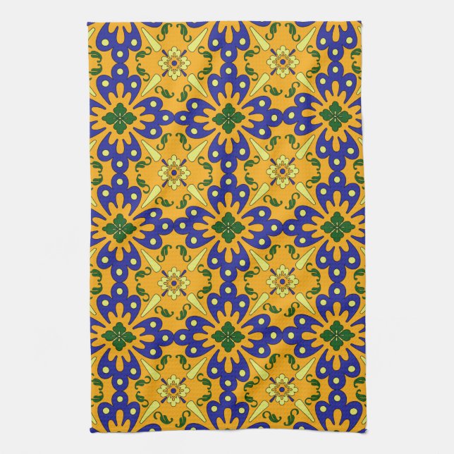 Orange Blue Yellow Spanish Tile Kitchen Towel (Vertical)