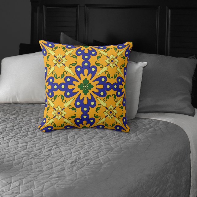 Orange Blue Yellow Spanish Tile Pattern Throw Pillow (Creator Uploaded)