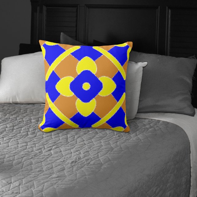 Orange Blue Yellow Spanish Tile Pattern Throw Pillow (Creator Uploaded)