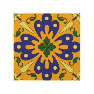 Orange Blue Yellow Spanish Tile Style Wood Canvas