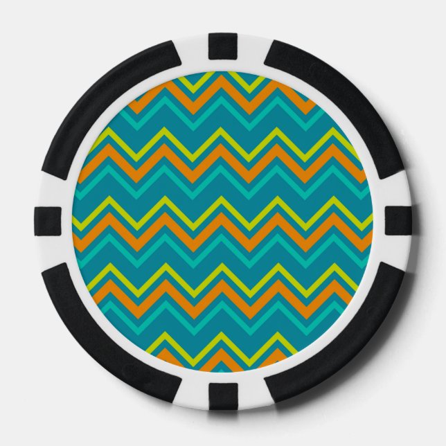 Orange Blue Zig Zag Lines Geometric Dinosaur Poker Chips (Front)