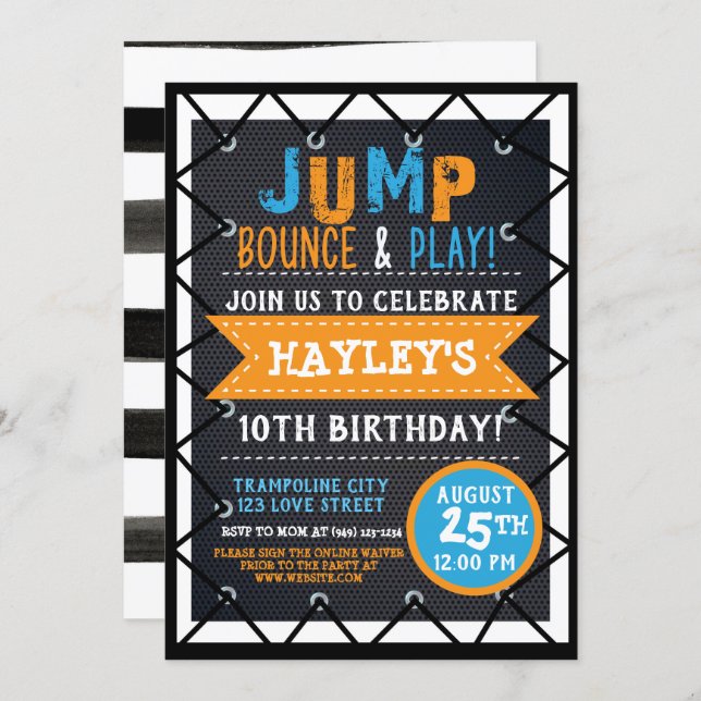 Orange & BlueJump & Play Trampoline Park Bounce Invitation (Front/Back)