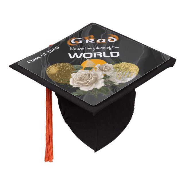 Orange Blurred Text White English Roses & Balloons Graduation Cap Topper (Angled)