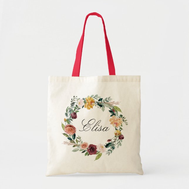 Orange Blush Burgundy Floral Wreath Bridesmaid Tote Bag (Front)
