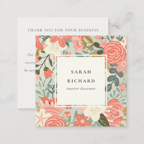 Orange Blush Teal Ambrosia Floral Review Request Square Business Card