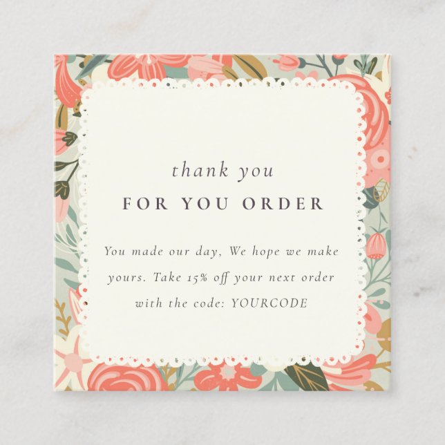 Orange Blush Teal Ambrosia Floral Thank You Order Square Business Card (Front)