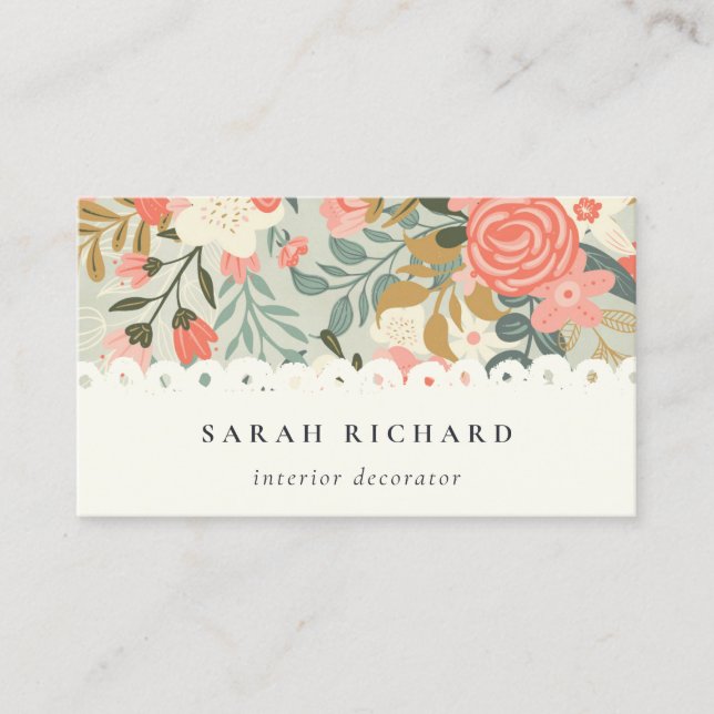 Orange Blush Teal Blue Green Lace Ambrosia Floral Business Card (Front)