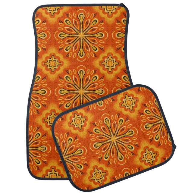 Orange Boho Abstract Flower Pattern Decorative Car Floor Mat (Set)