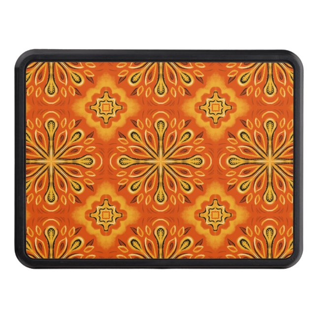 Orange Boho Abstract Flower Pattern Decorative Hitch Cover (Front)