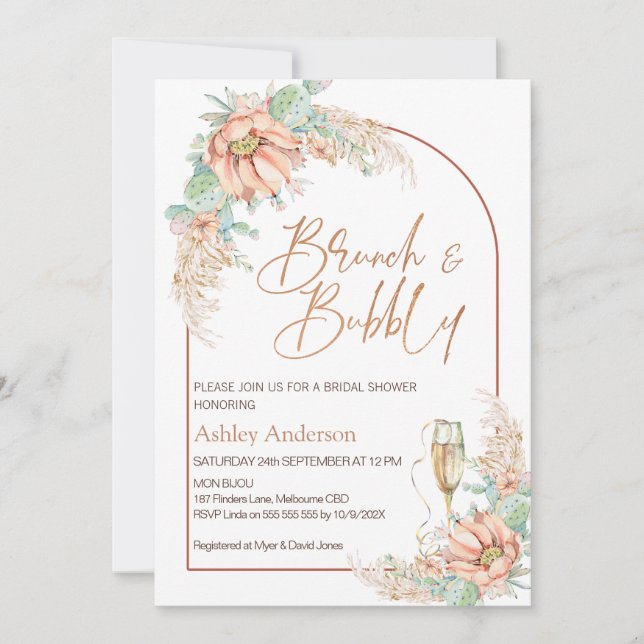 Orange Boho Cactus Brunch Bubbly Bridal Shower Invitation (Front)