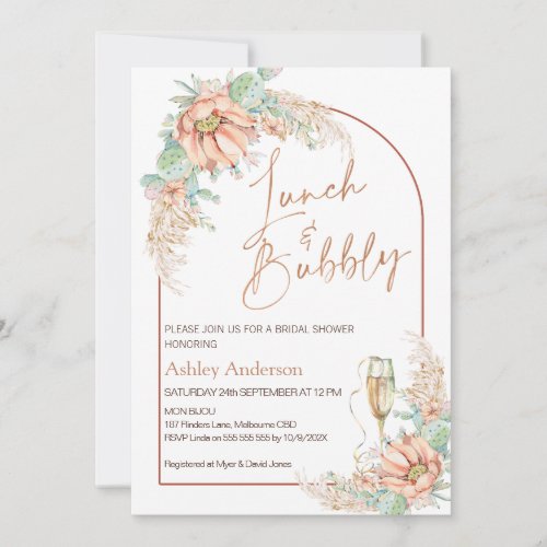 Orange Boho Cactus Lunch and Bubbly Bridal Shower Invitation