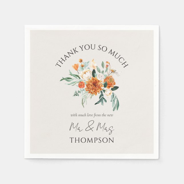 Orange Boho Fall Floral New Mr Mrs Thank You Napkins (Front)