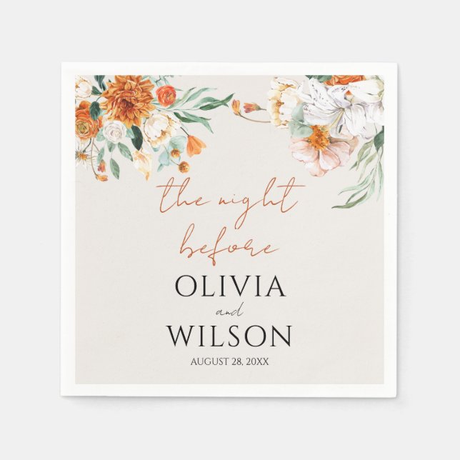 Orange Boho Fall Floral Wedding  Napkins (Front)