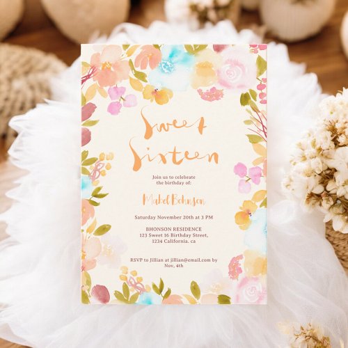 Orange boho floral watercolor script Sweet 16  Invitation