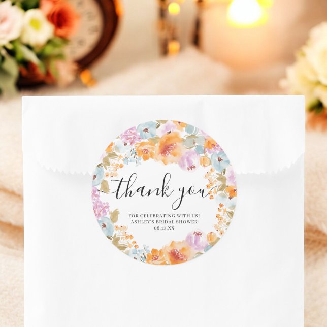 Orange Boho Floral Watercolor Thank You Bridal Classic Round Sticker (Orange Boho Floral Watercolor Thank You Bridal Classic Round Sticker)