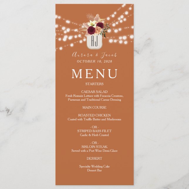 Orange Boho Floral Wedding Menu (Front)