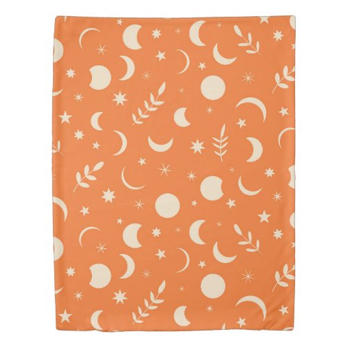 Orange Boho Moon Phases with leaves and stars  Duvet Cover