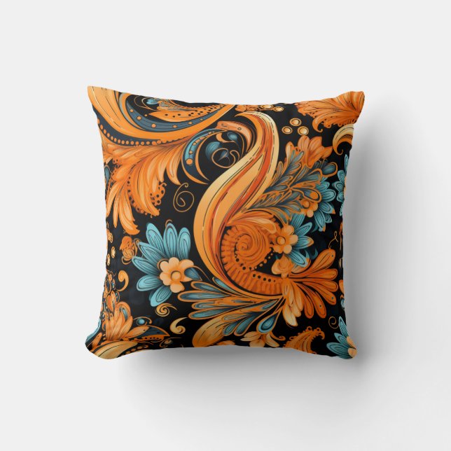 Orange Boho Paisley Seamless Pattern Throw Pillow (Front)