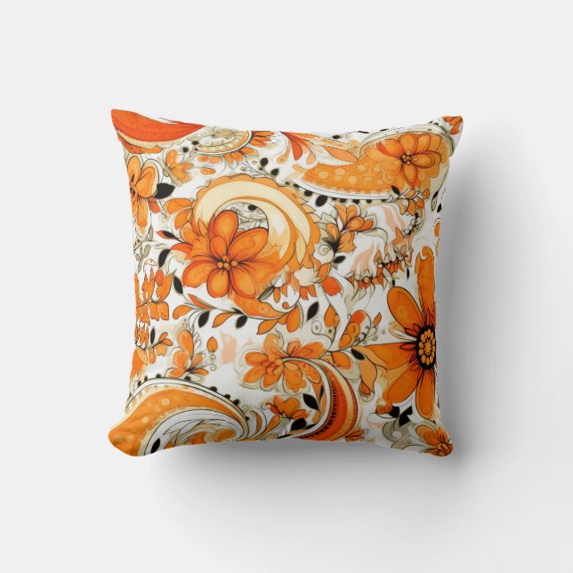 Orange Boho Paisley Seamless Pattern Throw Pillow (Front)