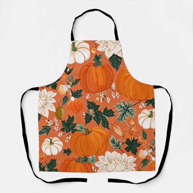 Orange Boho Pumpkin Autumn Floral Pattern Apron (Front)