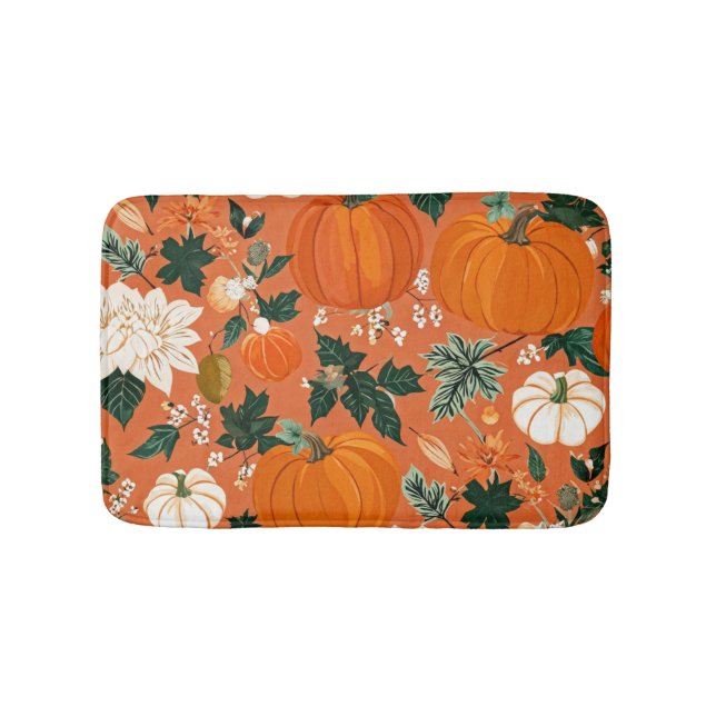 Orange Boho Pumpkin Autumn Floral Pattern Bath Mat (Front)