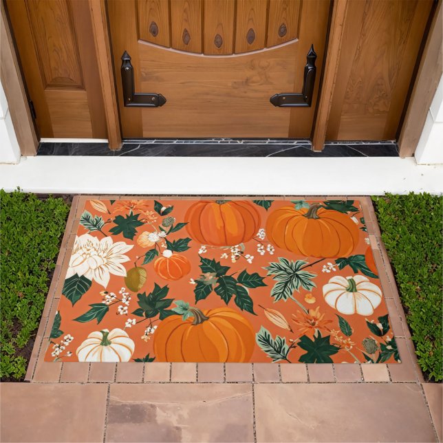 Orange Boho Pumpkin Autumn Floral Pattern Doormat (Outdoor)
